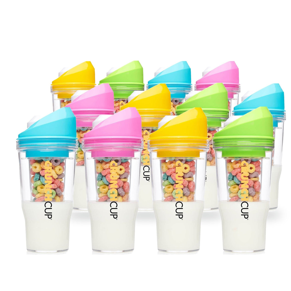 Twelve CrunchCups in blue, pink, yellow and green